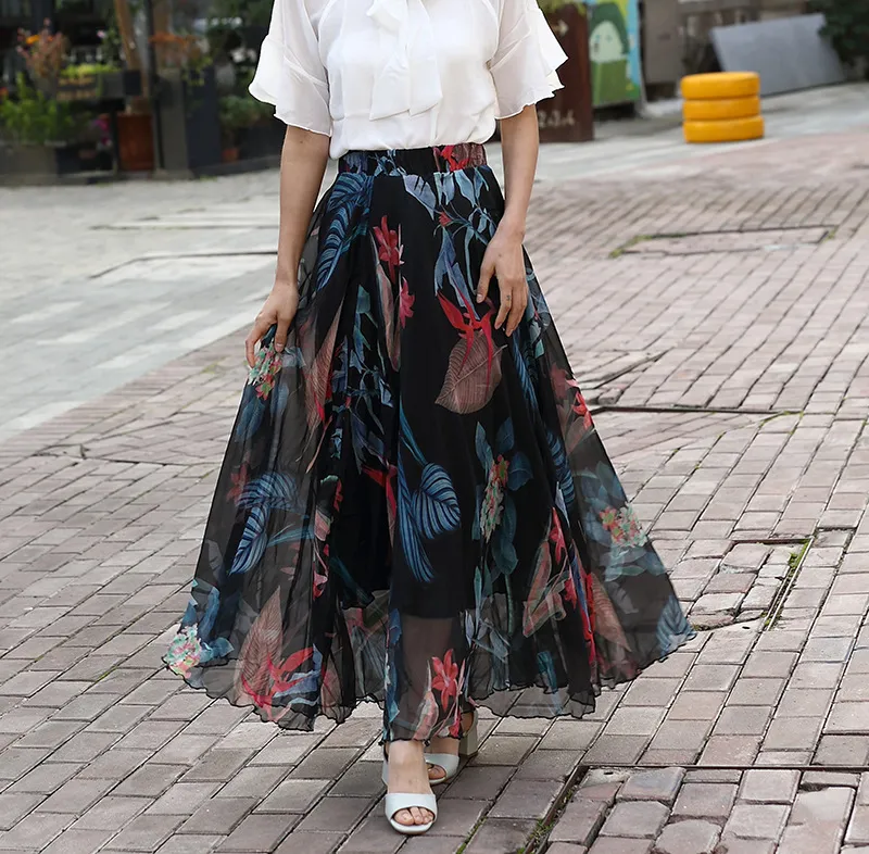 Chiffon Skirt Printed Floral High Waist Slimming - Black Rainforest