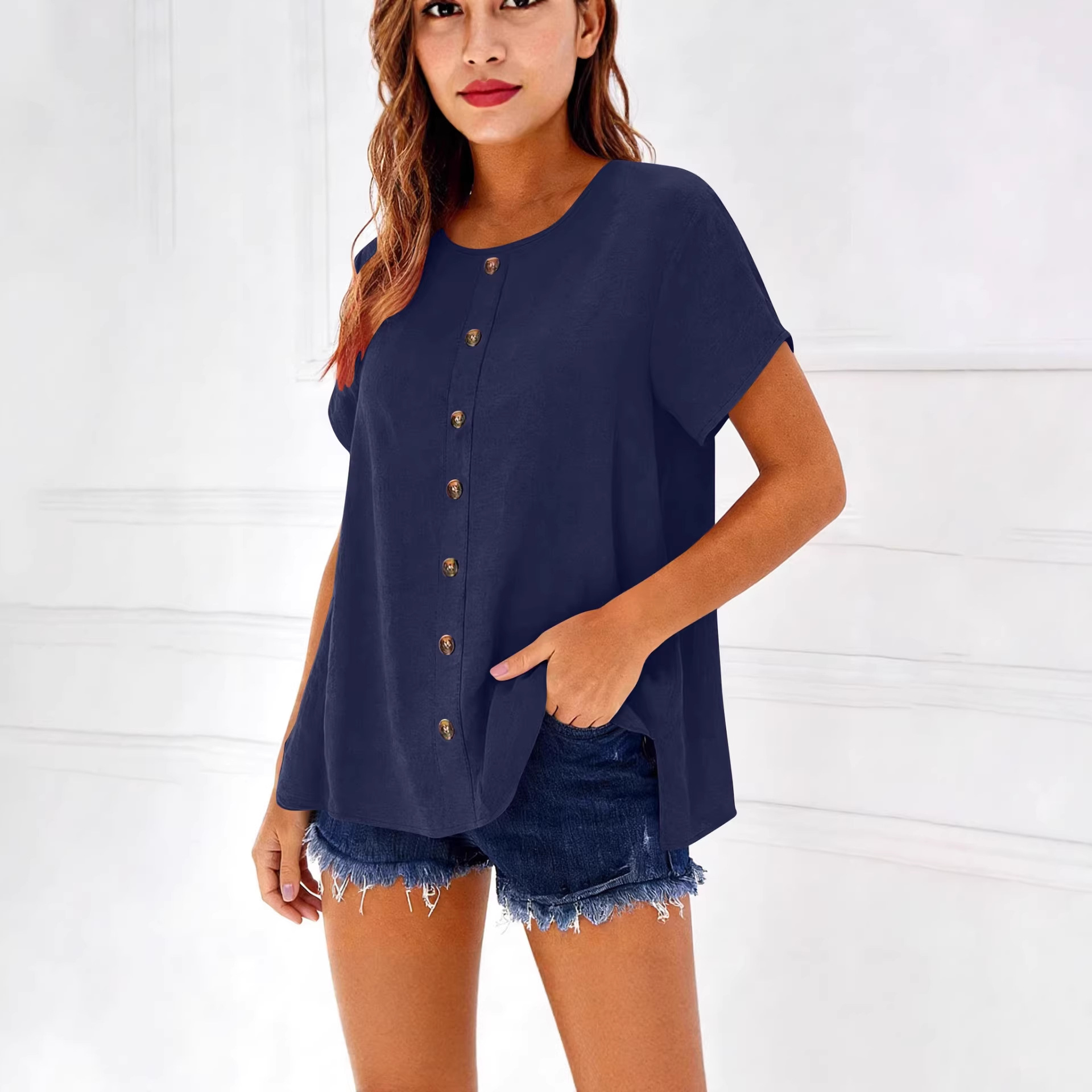 Decorative Girl Button Solid Color Short-Sleeve Crewneck T-Shirt Top