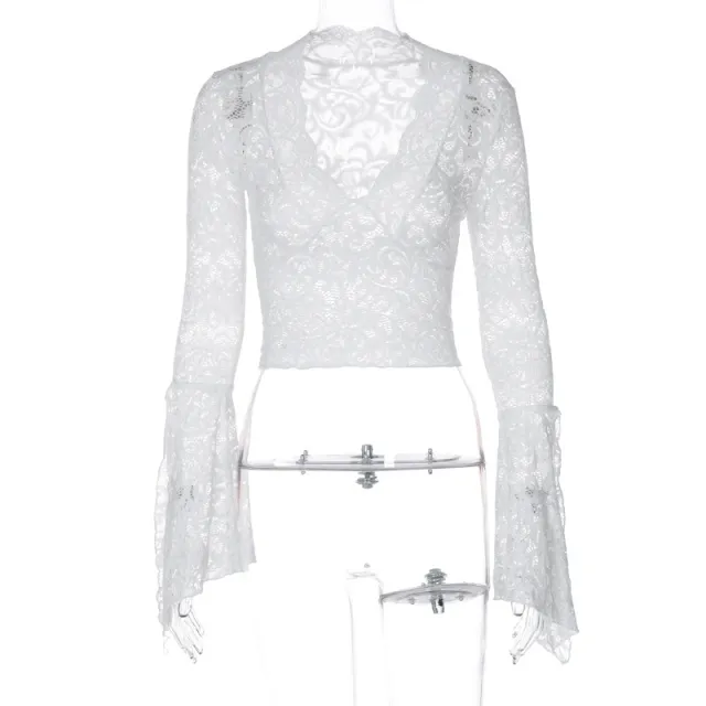 Sexy Deep V Slim Fit Midriff baring Lace Long sleeved Lace Top White - Shop at LoveMi