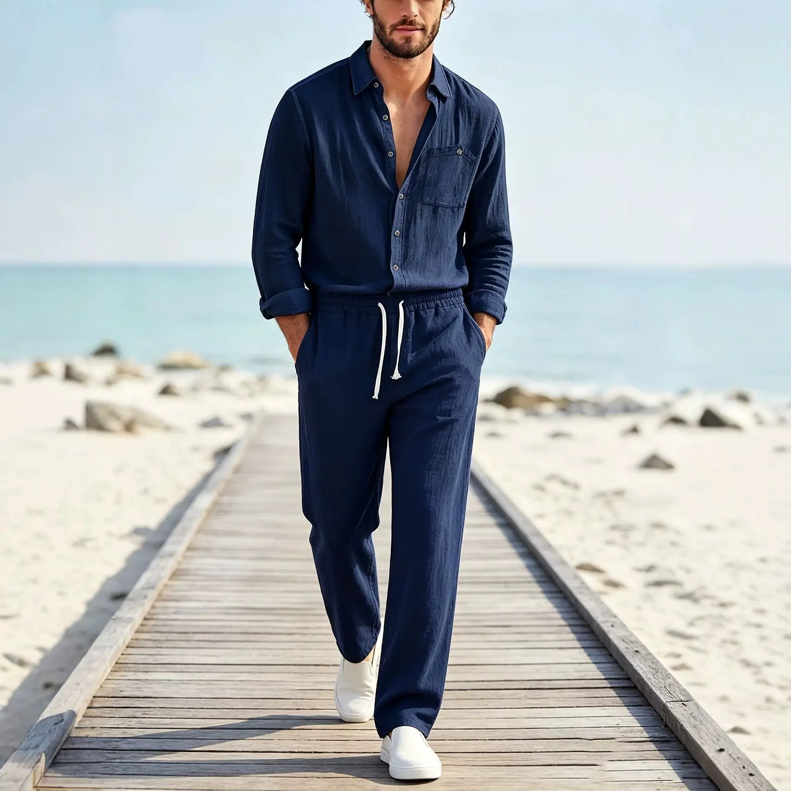 Mens Solid-Color Lapel Cardigan And Linen Long-Sleeve