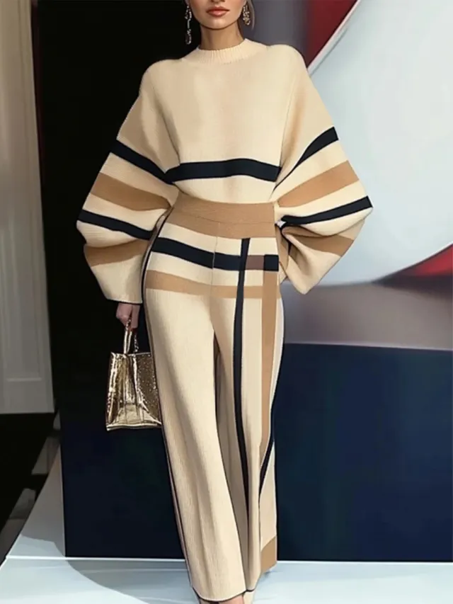 Color block Crew Neck Women's Pullover Pants Fashion Apricot - Shop at LoveMi