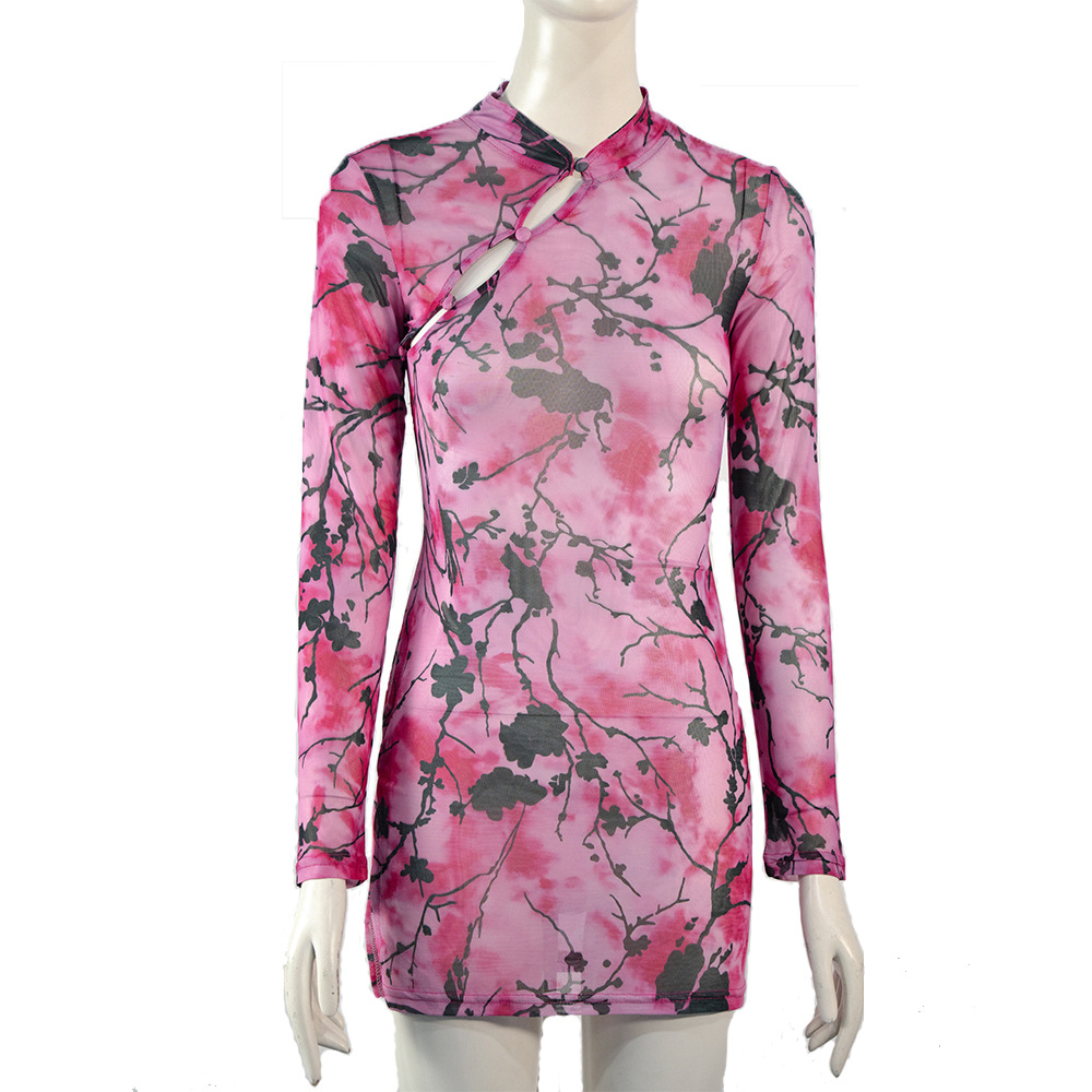 European And American Tight Skirt Sexy Mesh Floral Print Hip Skirt Rose - Shop at LoveMi
