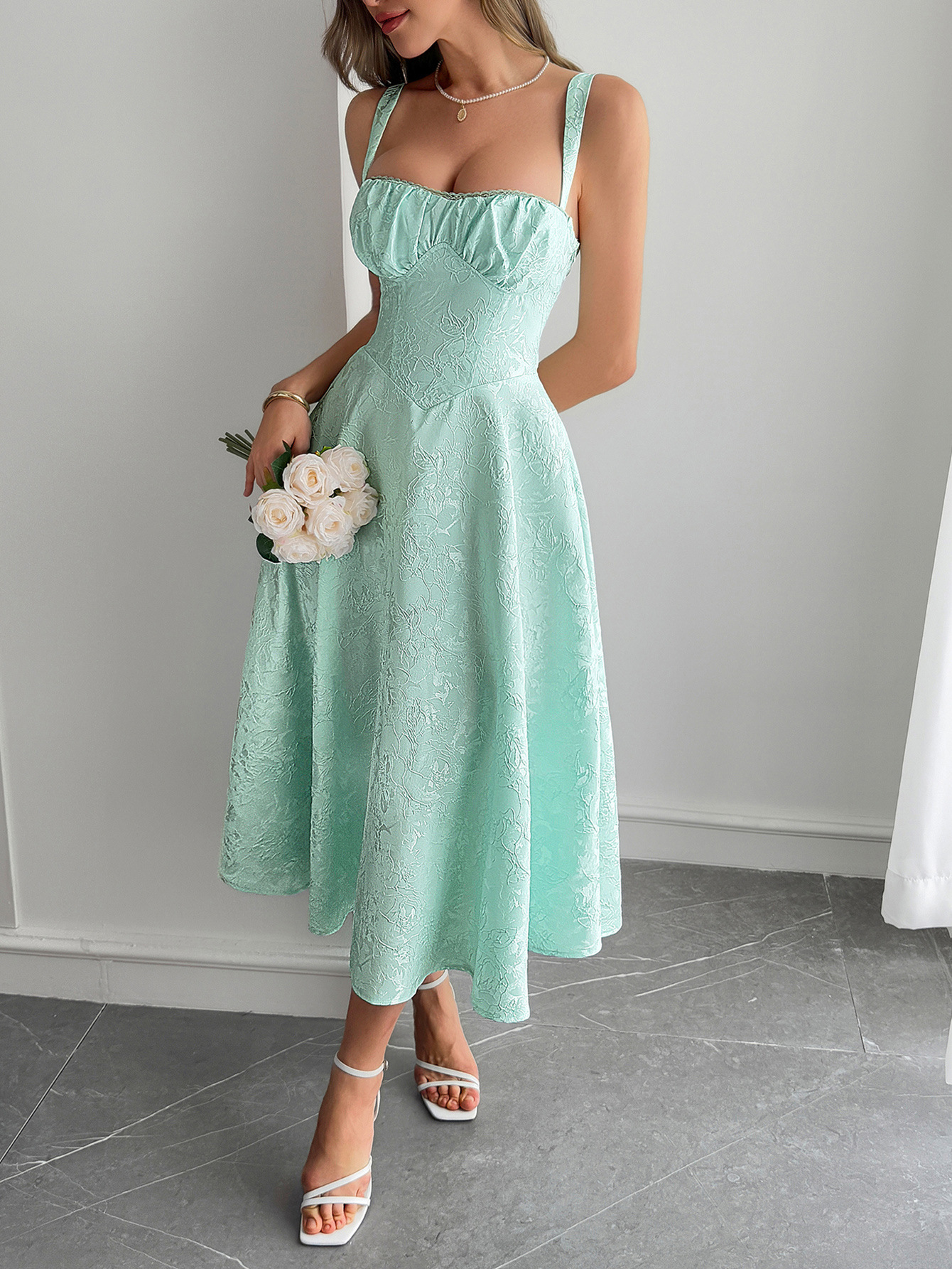 Elegant Graceful Strap Jacquard Maxi Dress Women's Clothing Emerald M - Shop at LoveMi