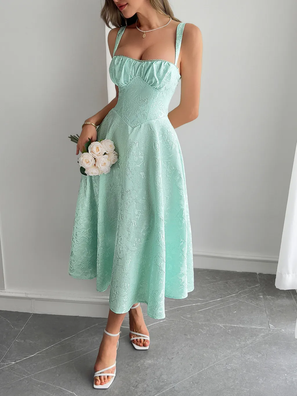 Elegant Graceful Strap Jacquard Maxi Dress Women's Clothing - Emerald-M