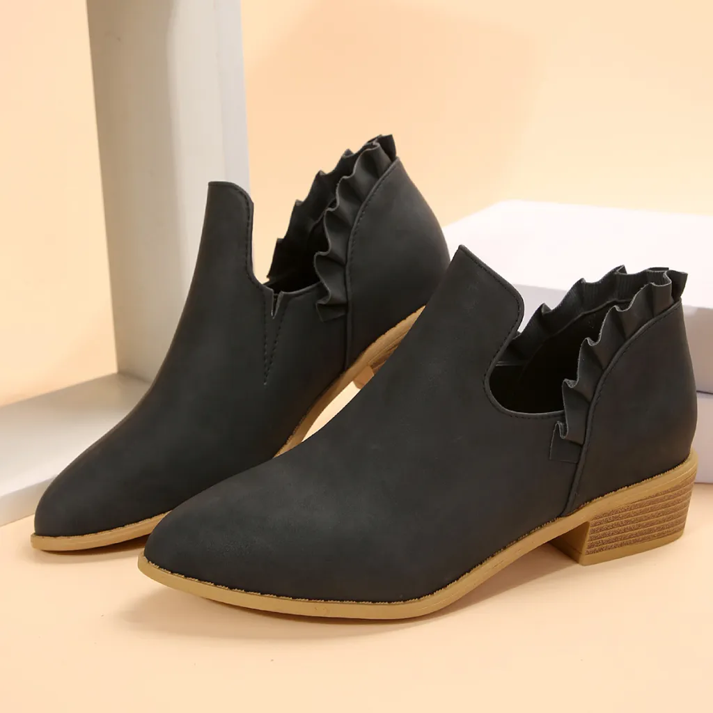 Flat Chunky Heel Fashion Shoes Women's Solid Color Pointed Martin Boots - Black