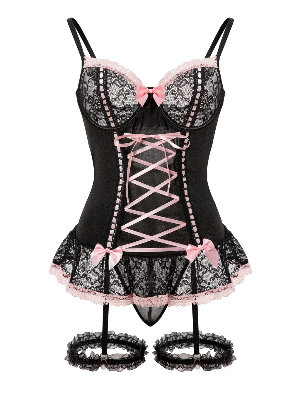 Pure Desire Girly Style Lace Bow With Leg Circumference One-piece Underwear Suit - Black
