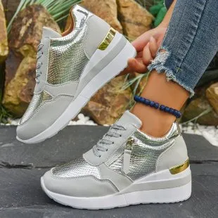 Wedge Soled Height Increasing Casual Sneakers For Women Silver - Shop at LoveMi