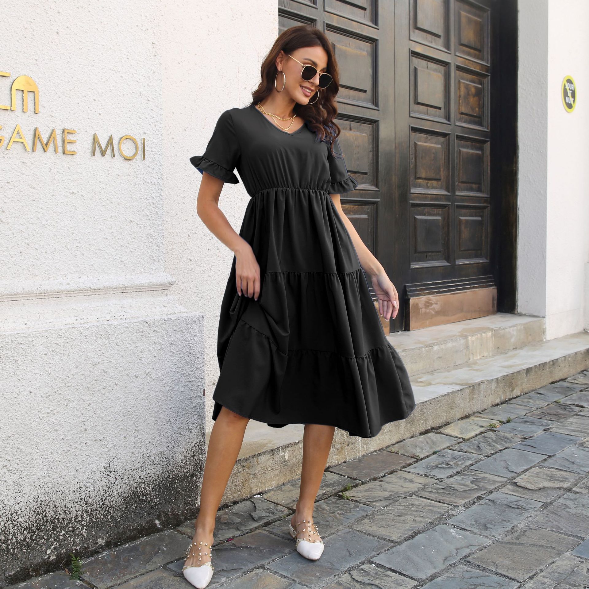 Women Chiffon Ruffle Dress V Neck Short Sleeve Swing Summer Midi Dress