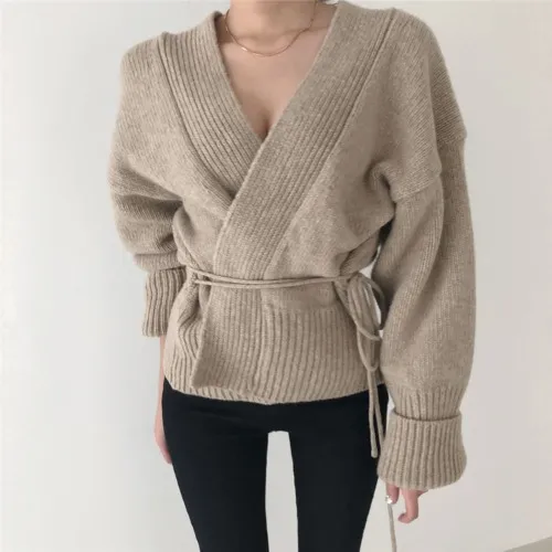 Autumn And Winter Lazy Wind Net Infrared Wear V-neck Knitted Cardigan Sweater - Apricot