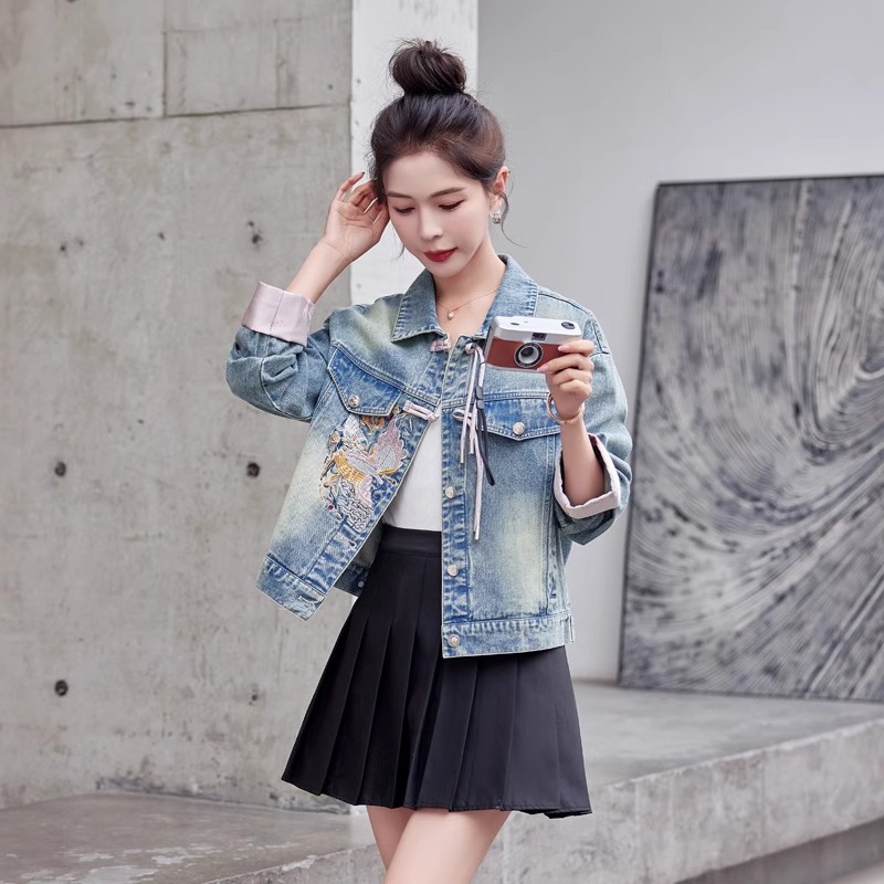 Chinese-style Embroidered Denim Jacket For Women