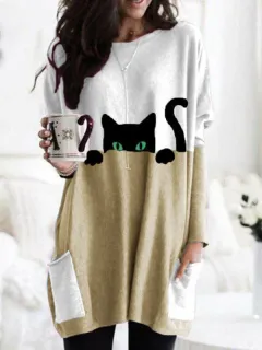 Women's Black Cat Print Round Neck Contrast Color Patchwork Pocket Long Sleeve T-shirt - Khaki - View 1