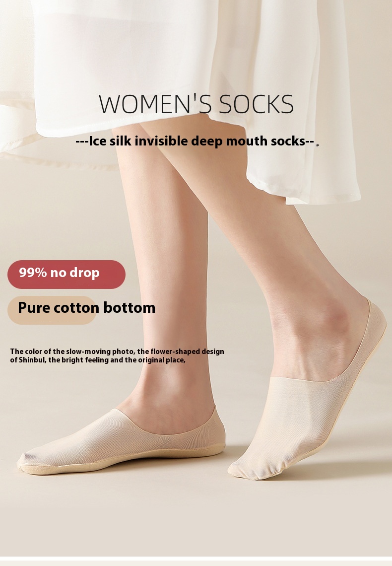 Breathable Women's Invisible Summer Socks. Product information: Pattern: solid color. Color: black, white, pink, light skin, blue, orange, light gray, light green, purple. Specifications: Bare socks, white paper card packaging. Main fabric composition: Co