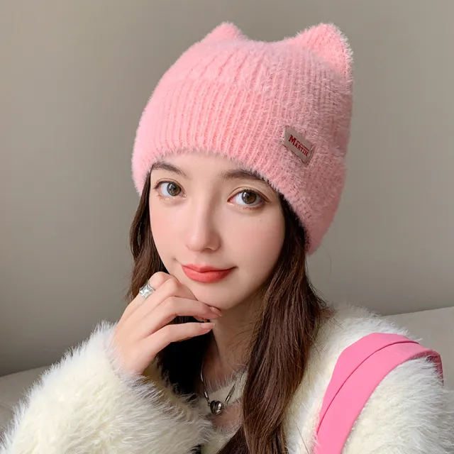 Winter Mink Cat Ears Plush Girl's Cap Warm Ear Protection Knitted Hat Pink - Shop at LoveMi