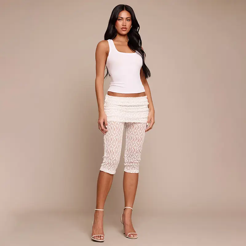 Womens Slim-fit Lace Turn-up Waist Tight Cropped Pants