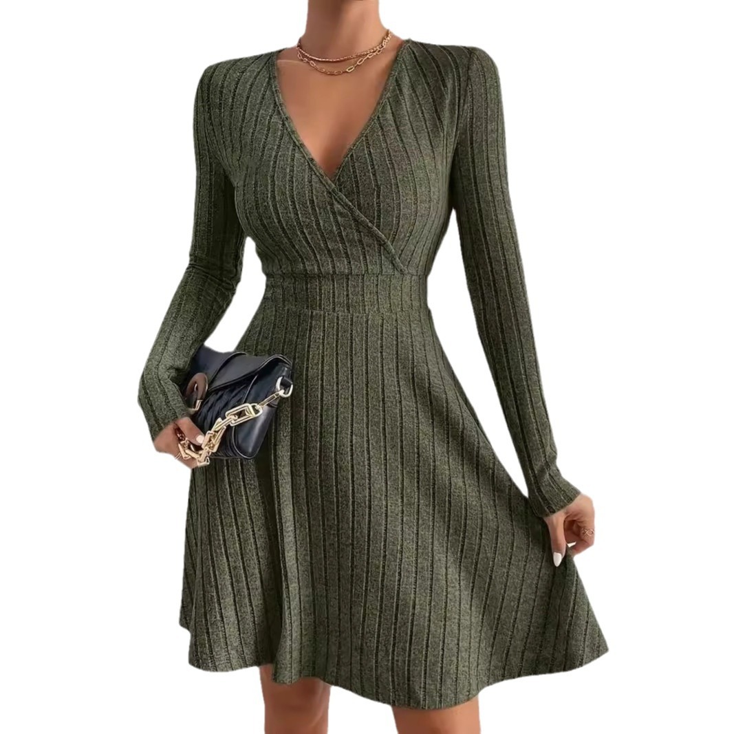Women's European And American V-neck Tight Waist Fabric Long Sleeve Dress