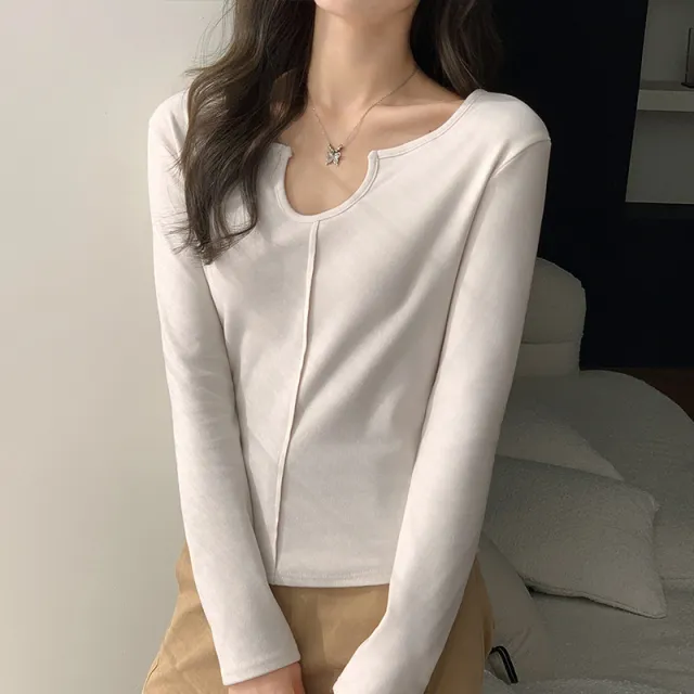 Women's Patchwork U collar Bottoming Shirt Autumn And Winter New Apricot - Shop at LoveMi