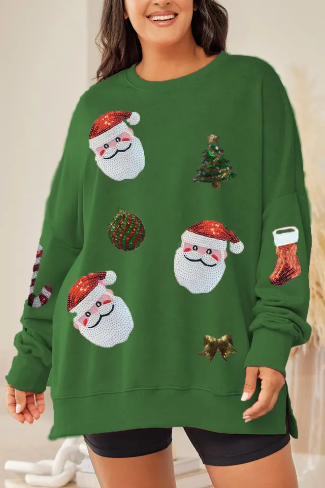 Women's Christmas Sequined Top Loose Casual Long Sleeves Sweater Green - Shop at LoveMi