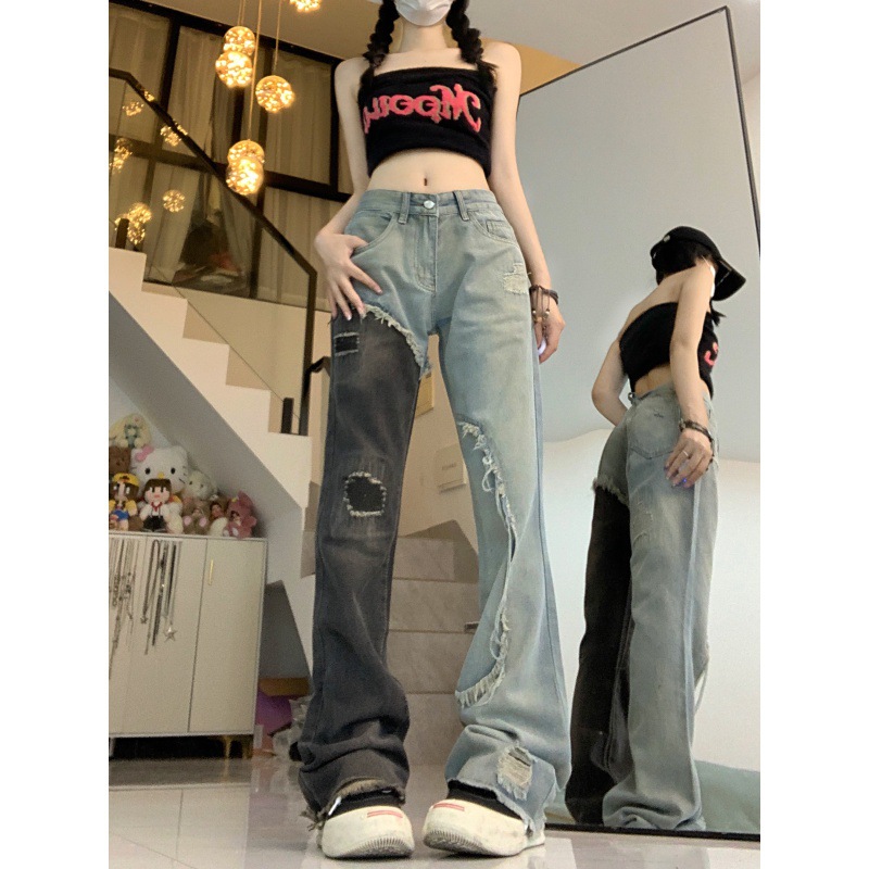 Black And Blue Stitching Worn Simple Jeans Black - Shop at LoveMi