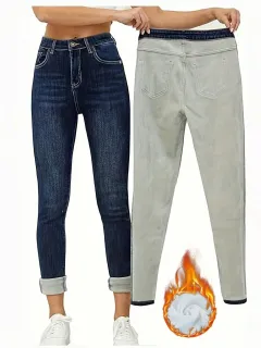 Women's Tight Casual All-matching Fleece Addition Denim Trousers - Dark Blue - View 1