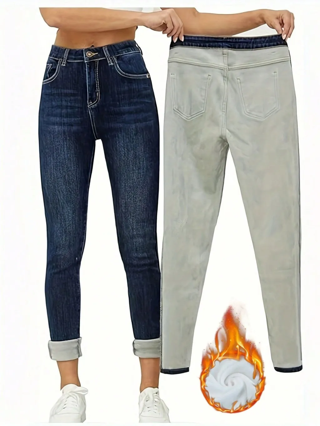 Women's Tight Casual All-matching Fleece Addition Denim Trousers - Dark Blue