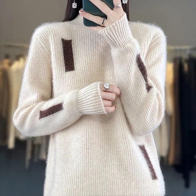 Women's Fashion High Collar Knitted Sweater Beige - Shop at LoveMi