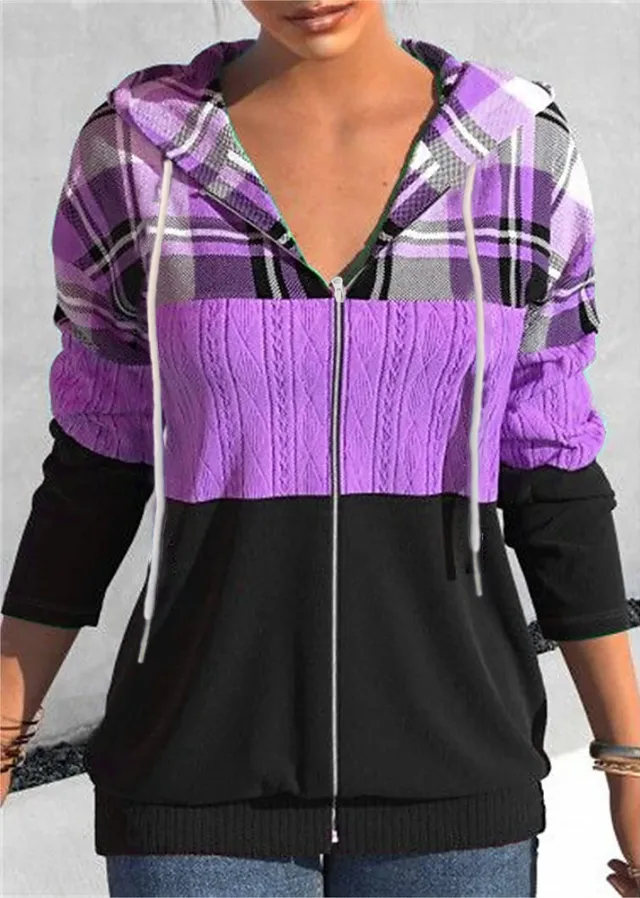 Women's Zipper Cardigan Hooded Plaid Printed Sweater Purple - Shop at LoveMi