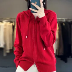 Hoodie Knitted Zipper Thickening Coat - Cherry Red - View 1