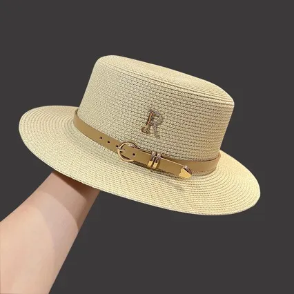 Summer Outing Vacation Seaside Rhinestone Letters Sunshade Summer Hat - R Beige