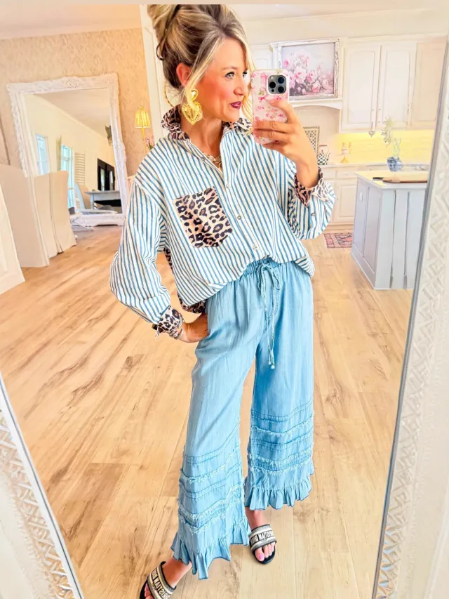 Fashionable Casual Versatile Long sleeve Leopard print Patchwork Cardigan Striped Shirt Sky Blue - Shop at LoveMi