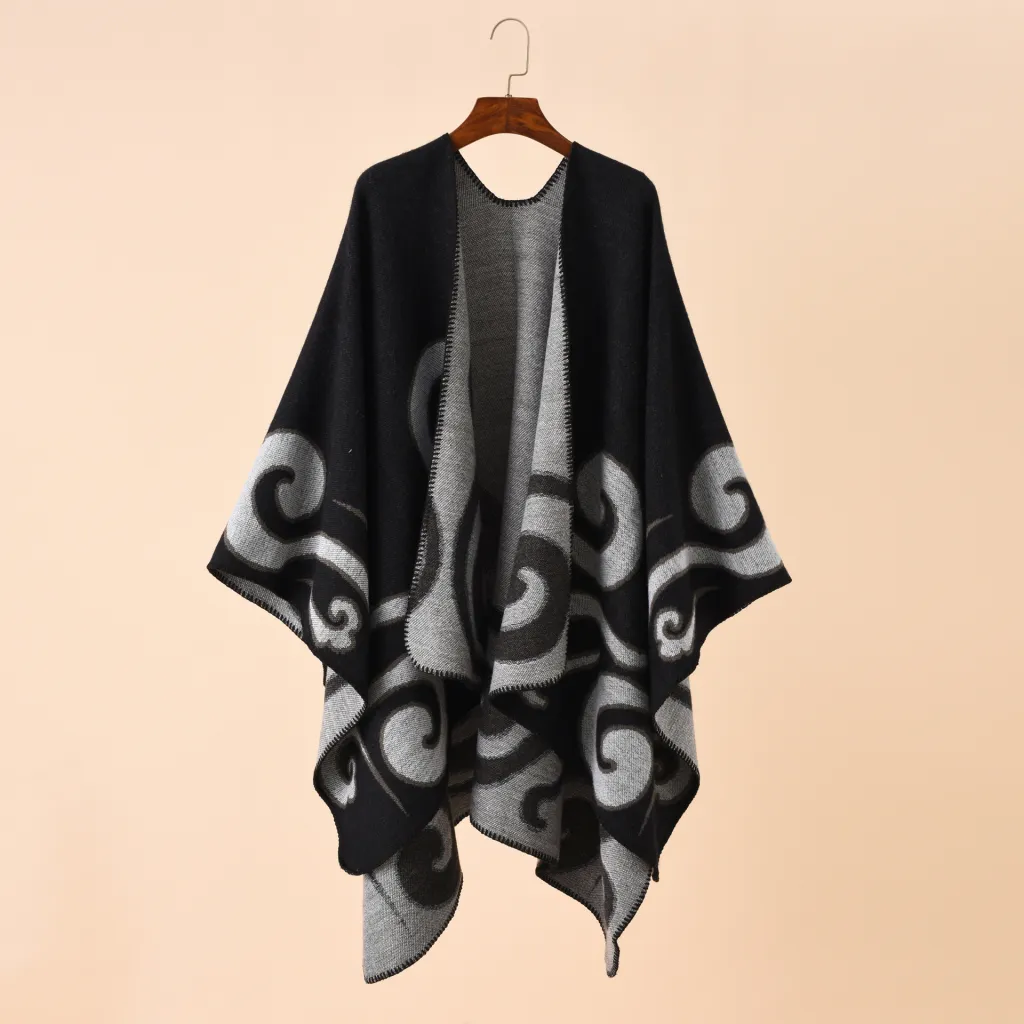 European And American Street Auspicious Clouds Pattern Herringbone Cashmere Warm Shawl - Black