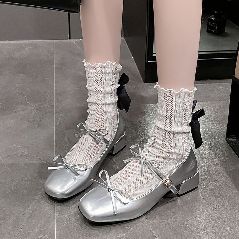 Elegant Square-toe Mary Jane Shoes With A Bow And A Single Strap