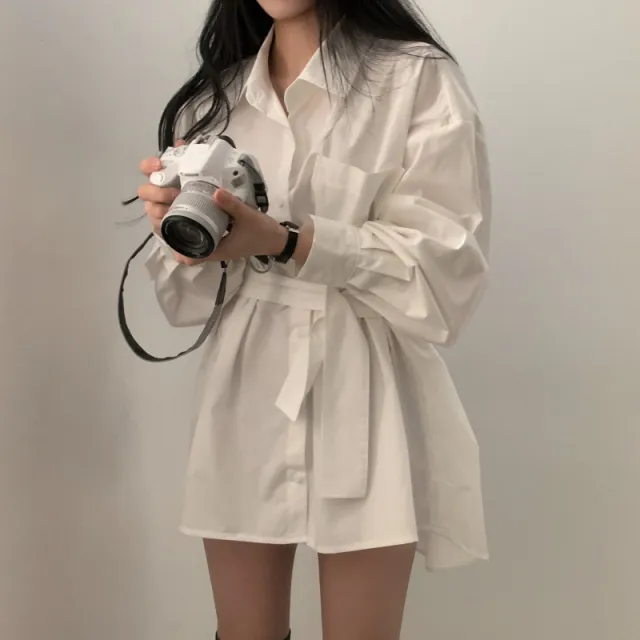 Womens Minimalist Solid color Loose fitting Belted Shirt Dress White - Shop at LoveMi