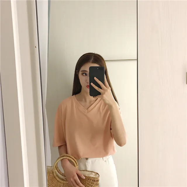 Spring And Summer New V neck Solid Color Pullover T shirt Women's Short Sleeve Korean Style Loose Retro Style Half Sleeve Top T shirt Orange Pink... Orange Pink V Neck - Shop at LoveMi