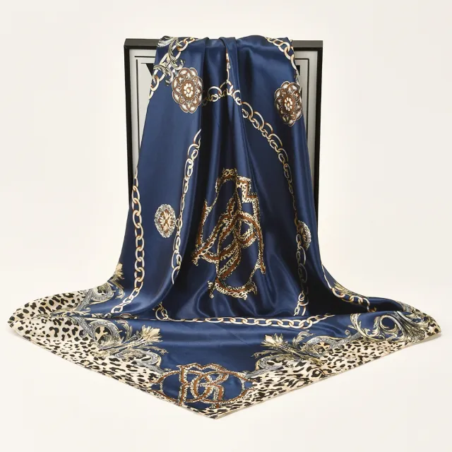 Leopard print Chain Decorative Satin Scarf 8 Navy Blue - Shop at LoveMi
