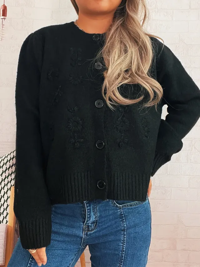 Simple Casual Flower Cardigan Round Neck Long Sleeve Sweater Black - Shop at LoveMi
