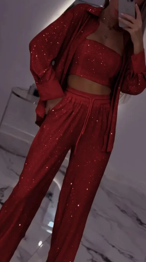 Loose Sequins Jacket Tube Top Three piece Suit Red - Shop at LoveMi