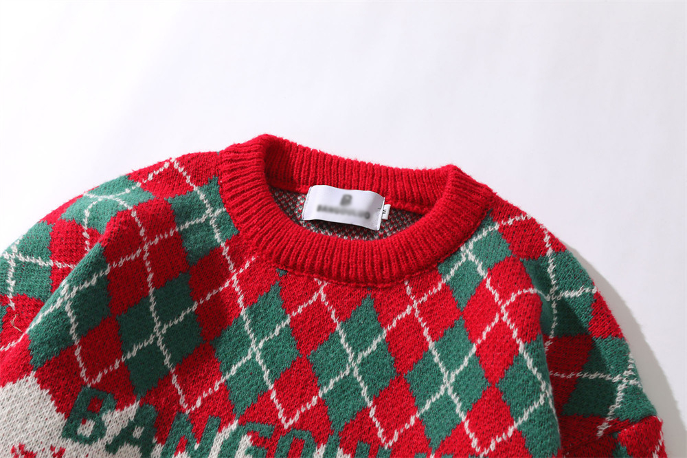 Long Sleeve Rhombus Plaid Deer Knitted Sweater