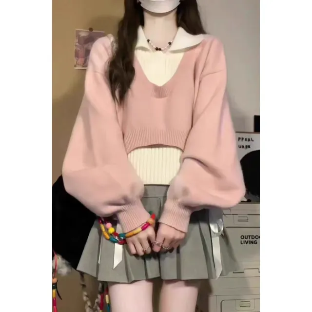 Contrast Color Pullover Design Knitwear Women's Sweater Vest Two piece Set Slim fit Crop top Pink7233 - Shop at LoveMi