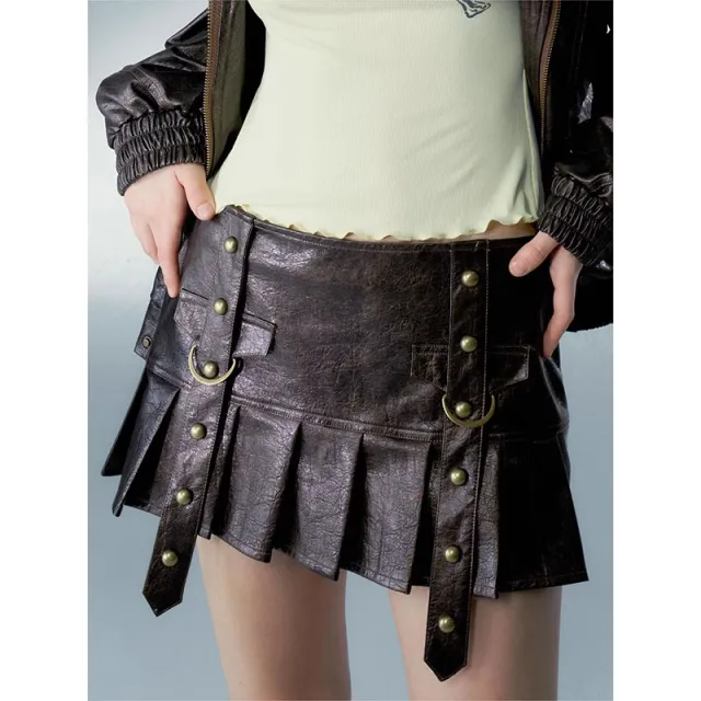 Washed Leather Skirt Vintage Distressed Rivet Pleated Skirt - Shop at LoveMi