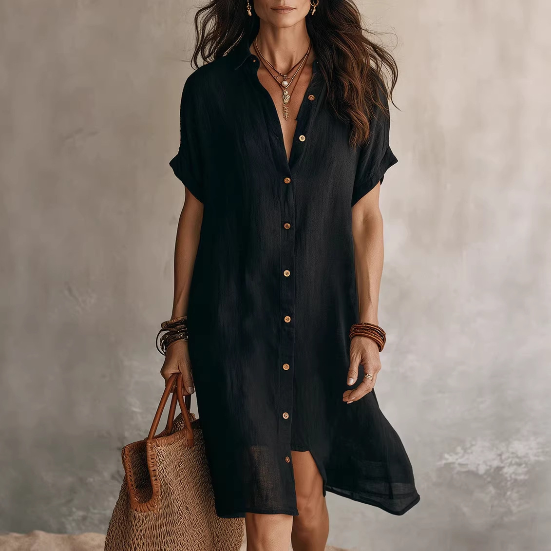 Women's Short-sleeve Buttoned Midi Shirt Dress