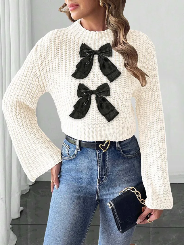 Ladies Bow Patchwork Flared Sleeves Mock Neck Sweater White - Shop at LoveMi
