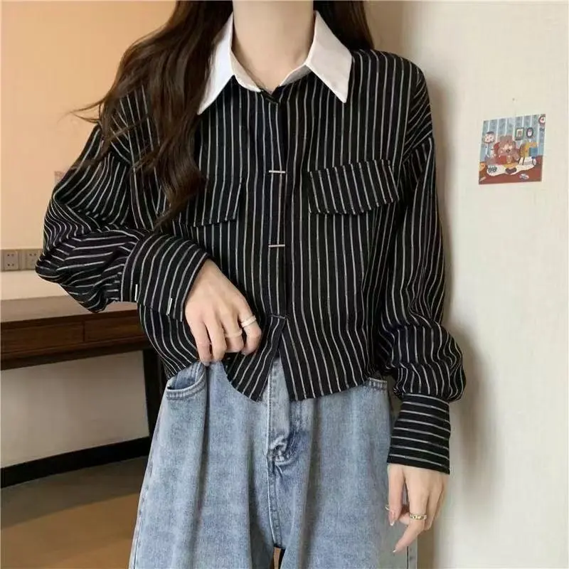 Short-stature Womens Casual Long-sleeve Striped Shirt - Black