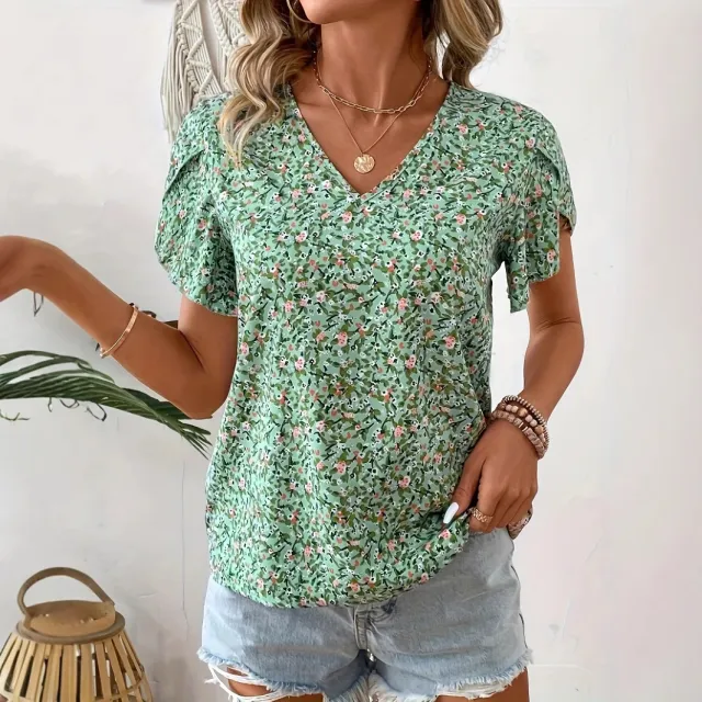 Women's Casual Floral Printed V neck Ruffle Sleeve Shirt Light Green - Shop at LoveMi