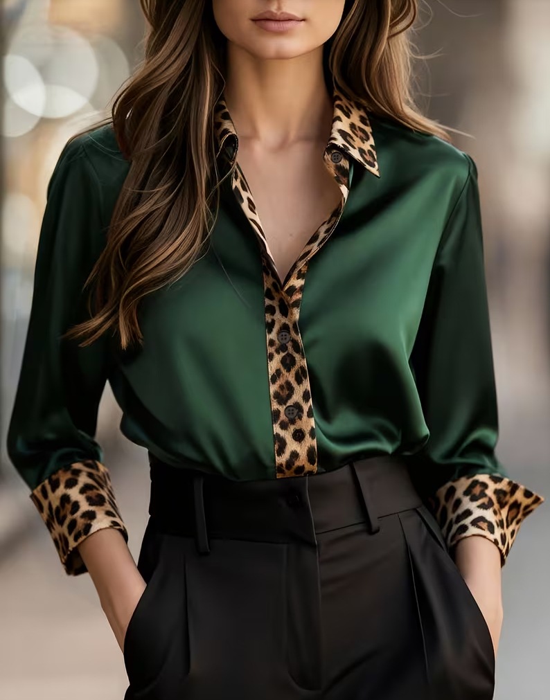 Womens Long-Sleeve Leopard-Print Crew-Neck Spliced Satin Shirt - Image 5