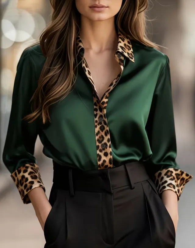 Womens Long Sleeve Leopard Print Crew Neck Spliced Satin Shirt Green - Shop at LoveMi
