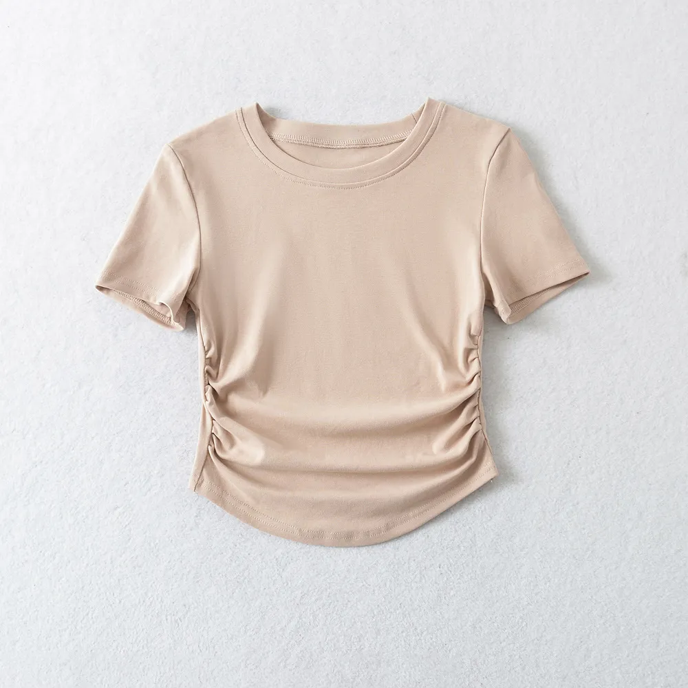 Spring Slim-fitting Top Drawstring Round Neck T-shirt - Apricot
