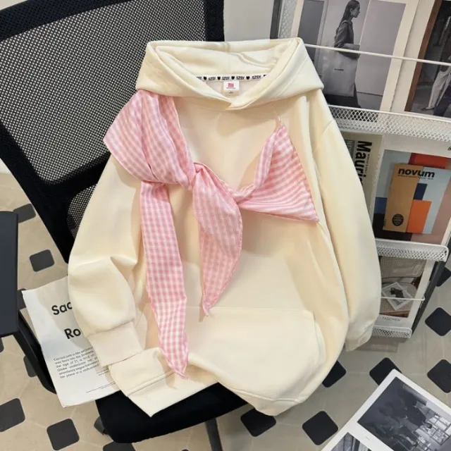 Bow knot Plaid Strap Hoodie Women's Top Apricot - Shop at LoveMi