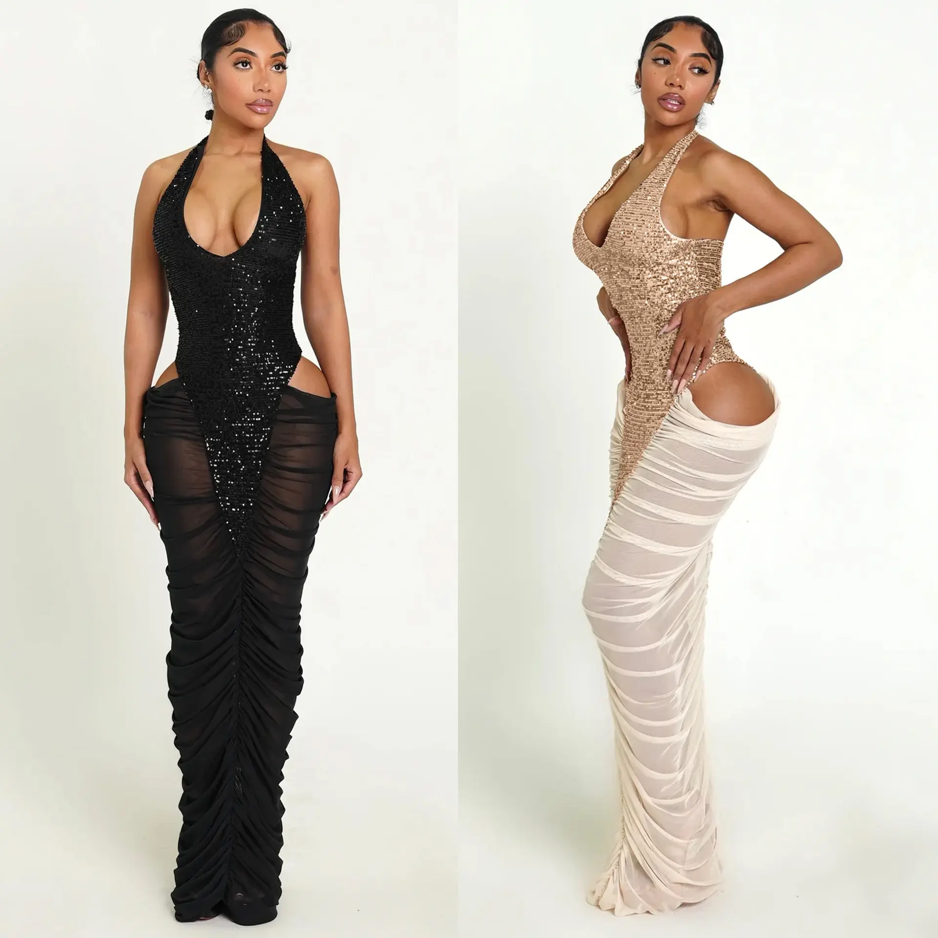 High-slit Mesh Panel Sequin Halter Gown