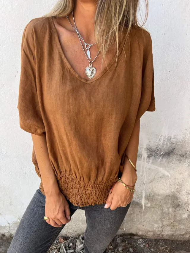 European And American Summer Loose Women's V neck Casual Cotton Linen Top Light Brown - Shop at LoveMi