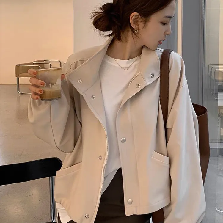 Solid Color Relaxed Fit Top With A Stand Up Collar - Apricot